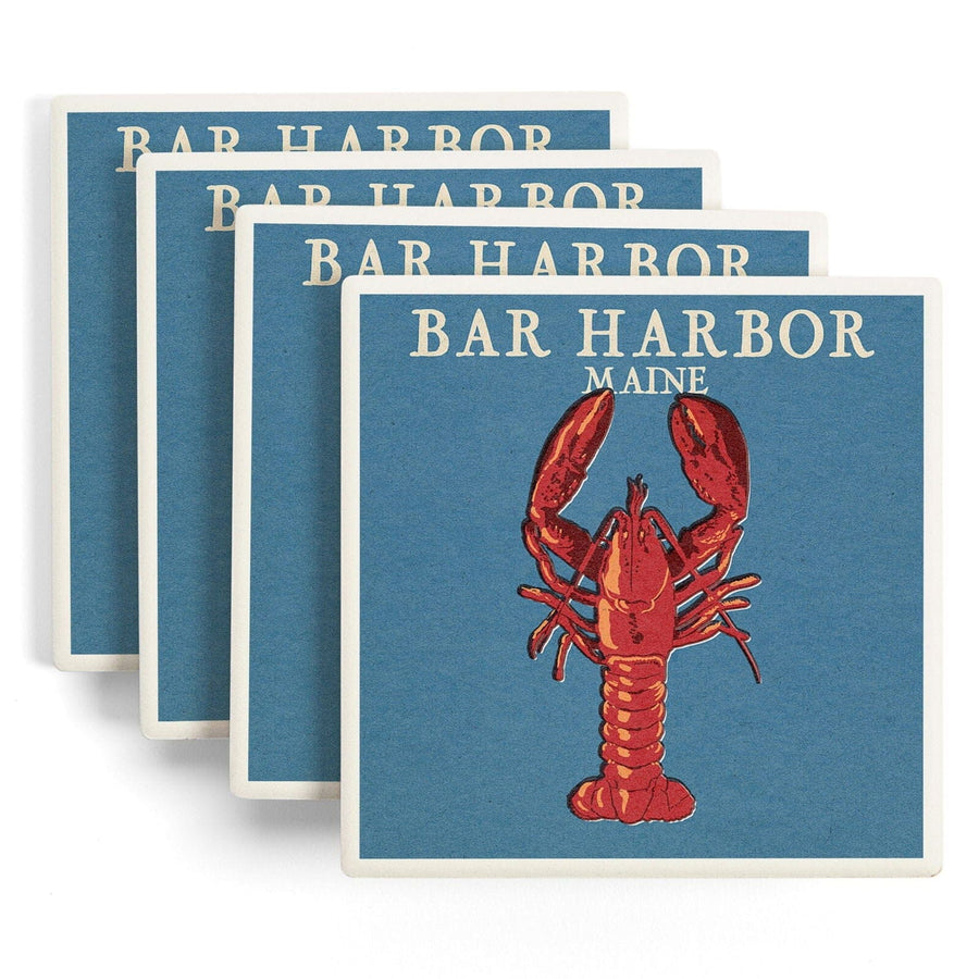 Bar Harbor, Maine, Lobster Woodblock, Lantern Press Artwork, Coaster Set Coasters Lantern Press 