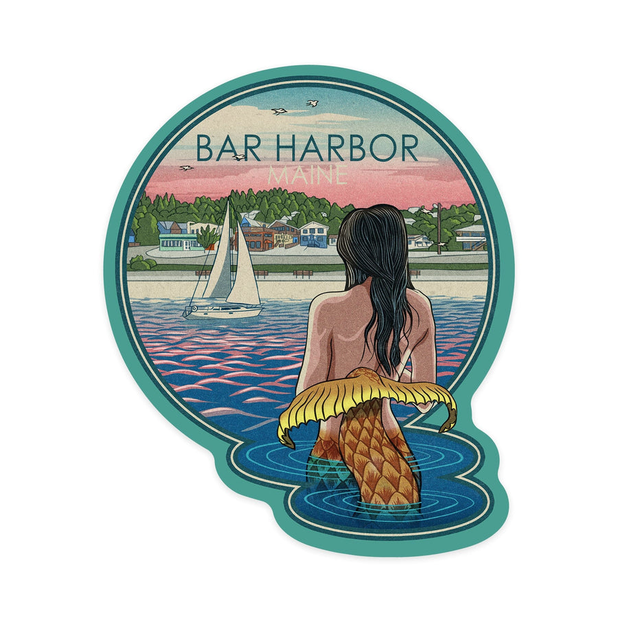 Bar Harbor, Maine, Mermaid & Beach, Contour, Lantern Press Artwork, Vinyl Sticker Sticker Lantern Press 