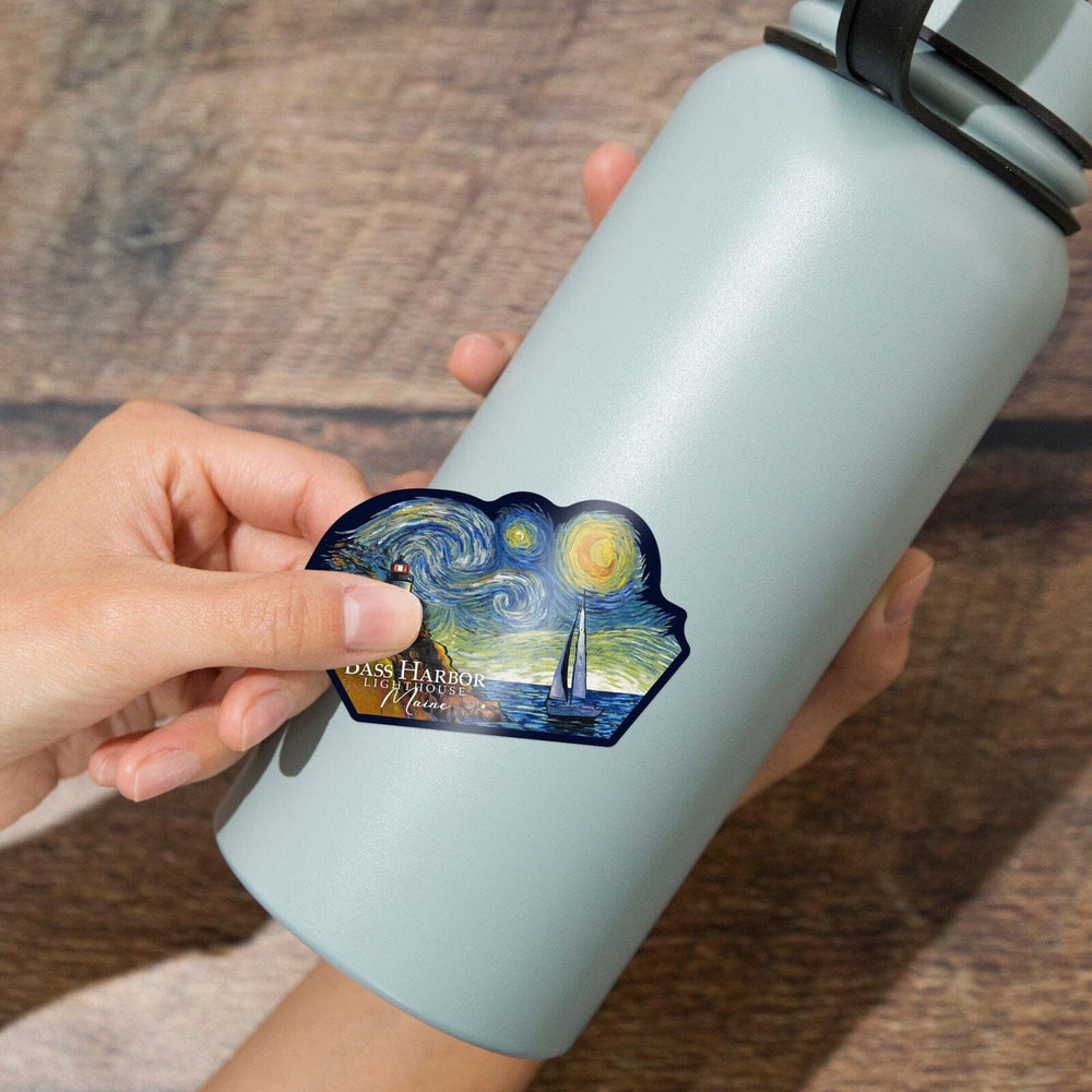 Bass Harbor Lighthouse, Maine, Starry Night, Contour, Lantern Press Artwork, Vinyl Sticker Sticker Lantern Press 