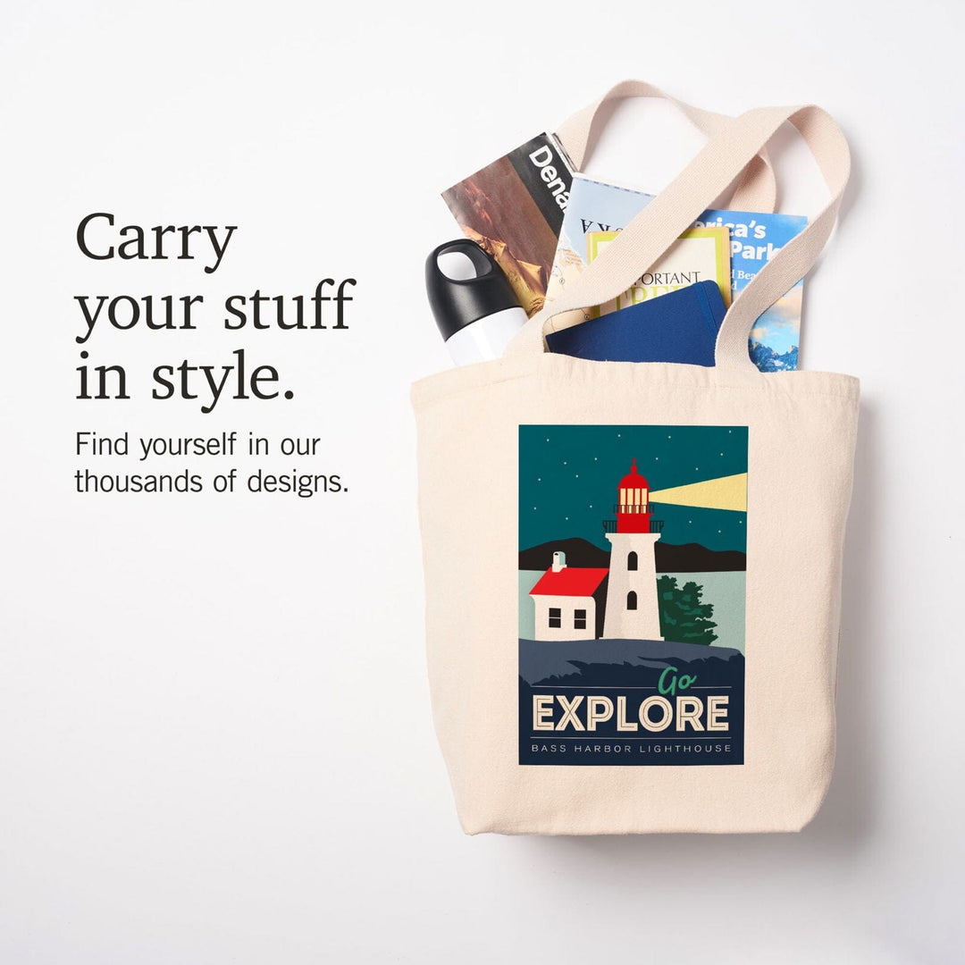 Bass Harbor, Maine, Go Explore, Lighthouse, Tote Bag Totes Lantern Press 