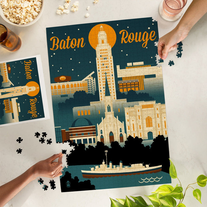 Baton Rouge, Louisiana, Retro Skyline, Jigsaw Puzzle Puzzle Lantern Press 