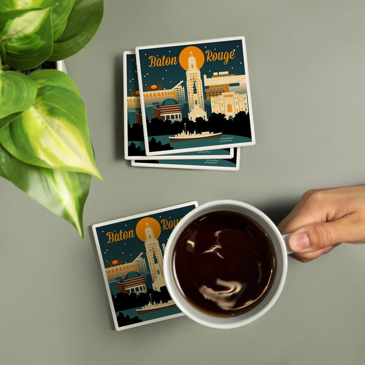 Baton Rouge, Louisiana, Retro Skyline, Lantern Press Artwork, Coaster Set Coasters Lantern Press 