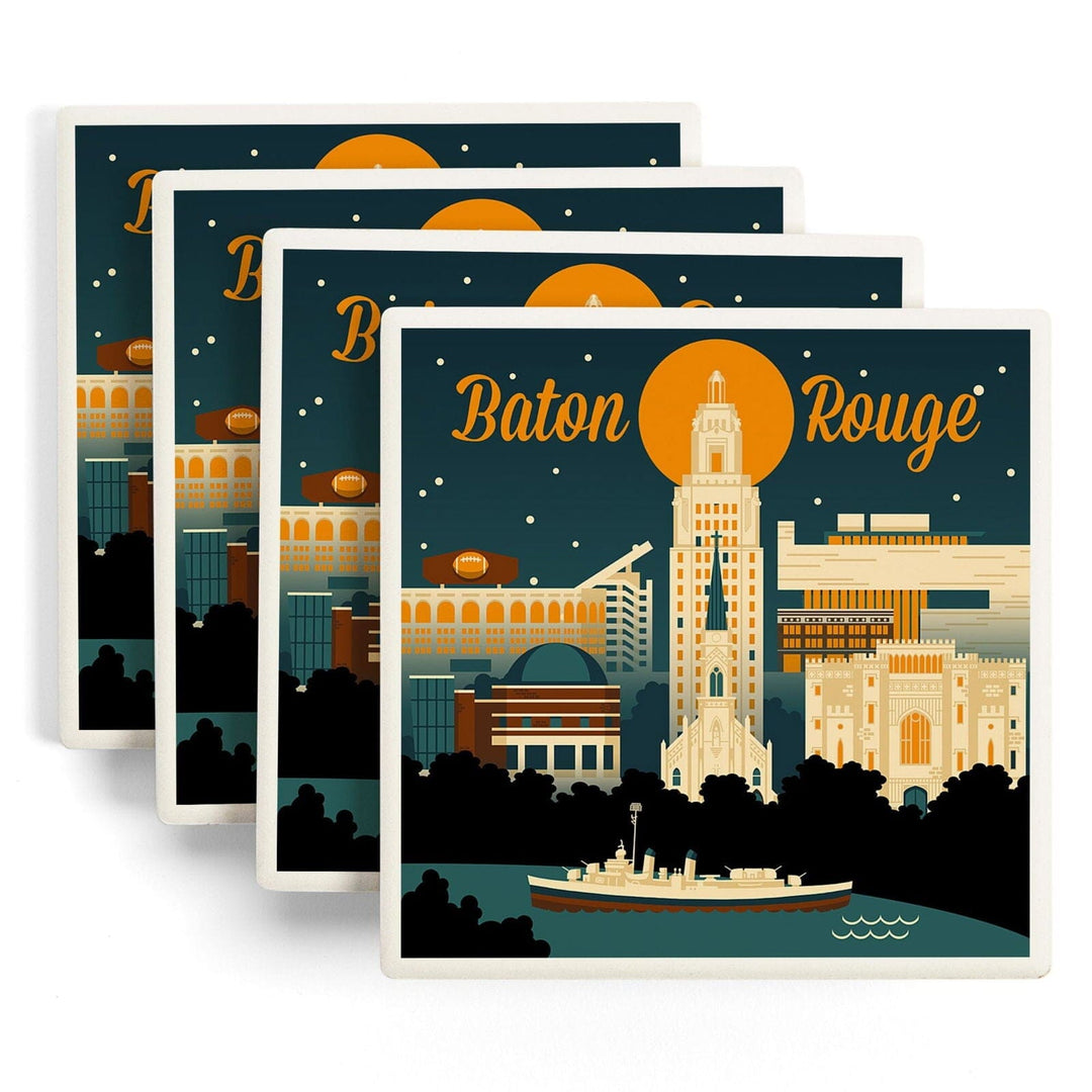 Baton Rouge, Louisiana, Retro Skyline, Lantern Press Artwork, Coaster Set Coasters Lantern Press 