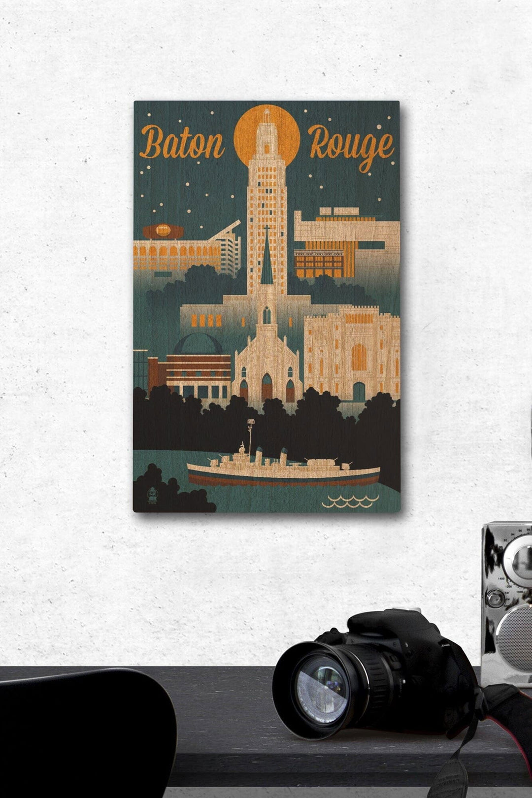 Baton Rouge, Louisiana, Retro Skyline, Lantern Press Artwork, Wood Signs and Postcards Wood Lantern Press 12 x 18 Wood Gallery Print 