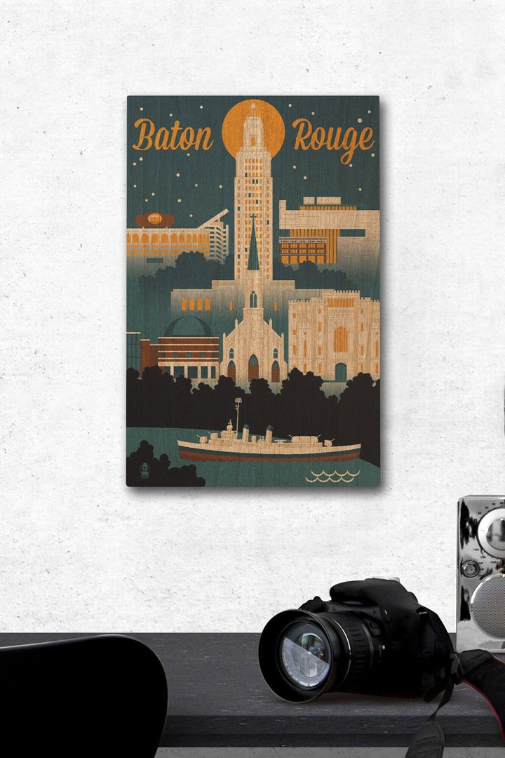 Baton Rouge, Louisiana, Retro Skyline, Lantern Press Artwork, Wood Signs and Postcards Wood Lantern Press 12 x 18 Wood Gallery Print 