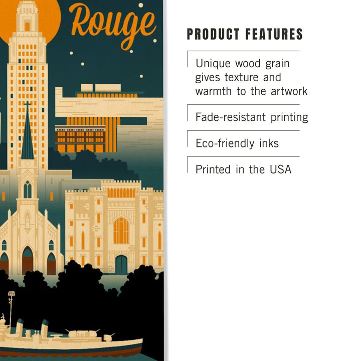 Baton Rouge, Louisiana, Retro Skyline, Lantern Press Artwork, Wood Signs and Postcards Wood Lantern Press 