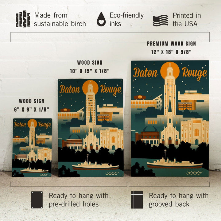 Baton Rouge, Louisiana, Retro Skyline, Lantern Press Artwork, Wood Signs and Postcards Wood Lantern Press 