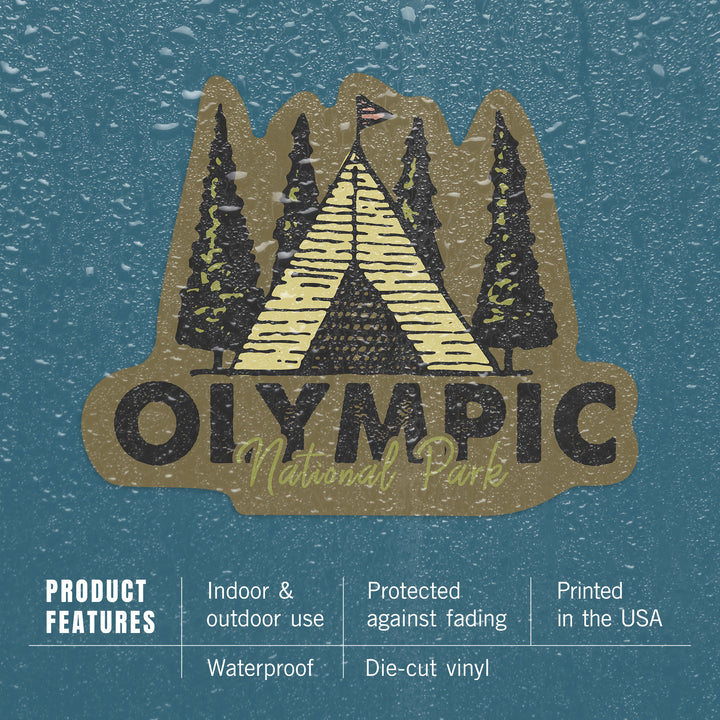 Olympic National Park, Washington, Tent & Trees, Contour, Lantern Press Artwork, Vinyl Sticker