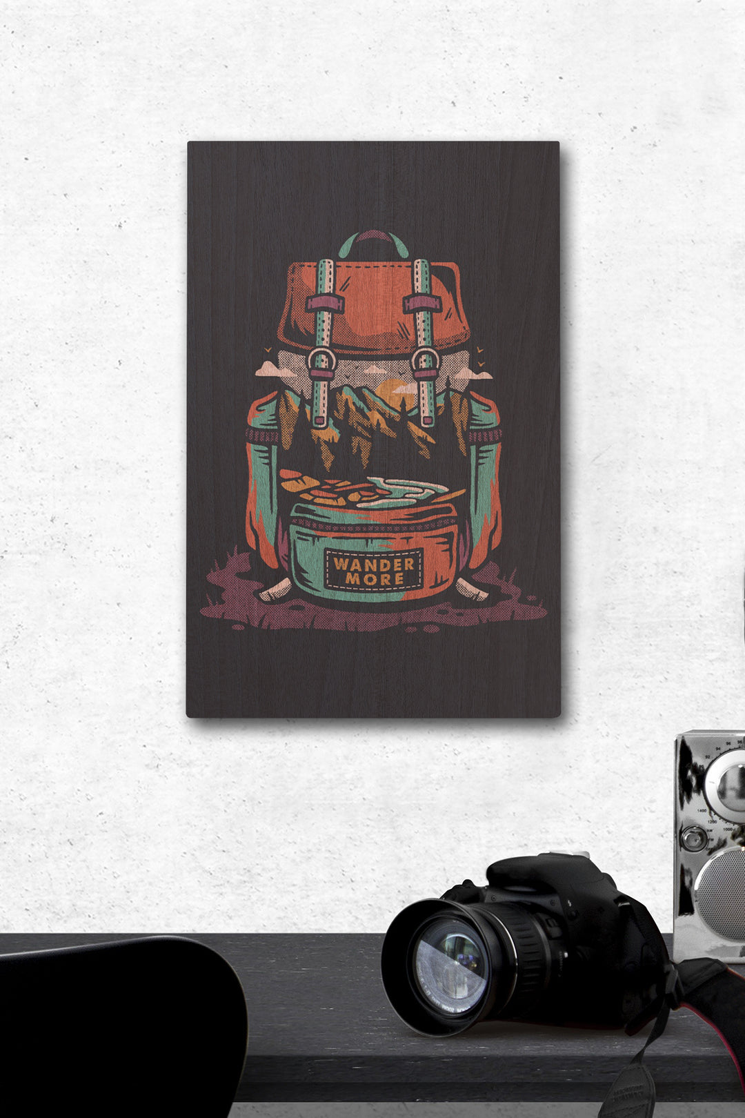 Backpack, Wander More, Distressed Vector, Lantern Press Artwork, Wood Signs and Postcards