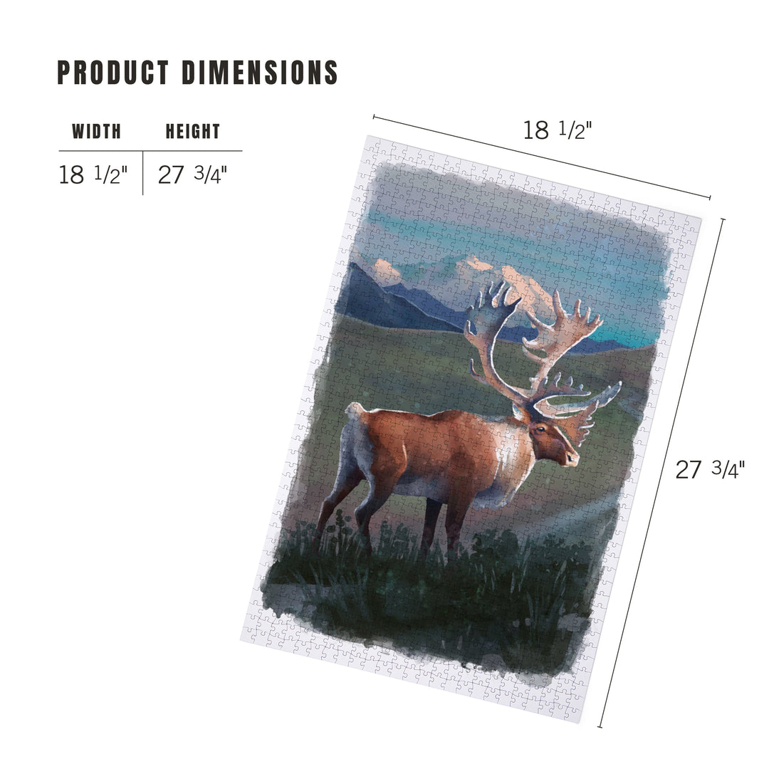 Watercolor Study, Caribou with Mountain, 1000 Piece Jigsaw Puzzle