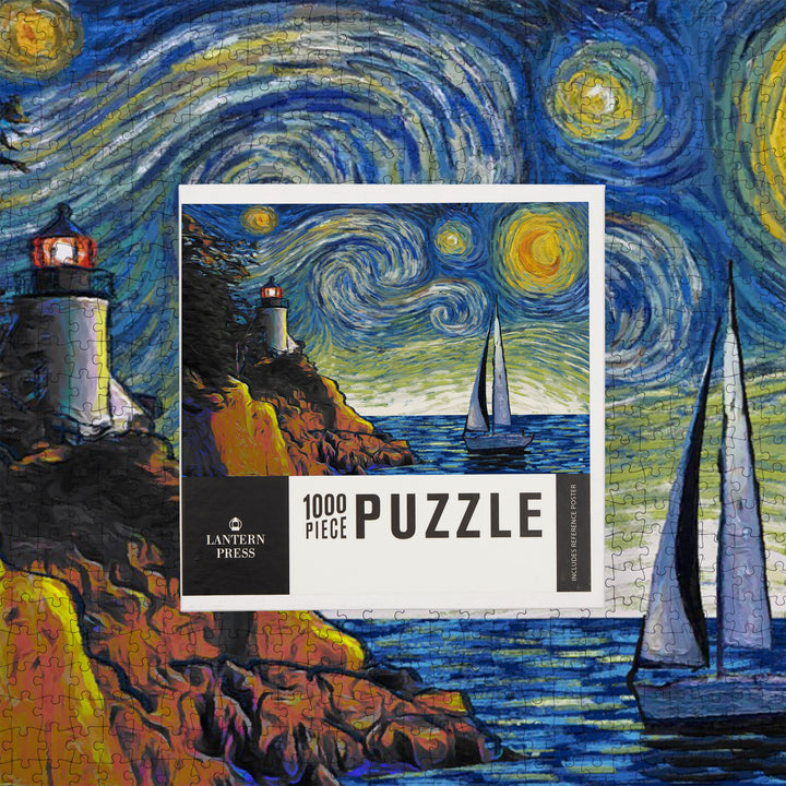 Acadia National Park, Bass Harbor Lighthouse, Starry Night National Park Series, Jigsaw Puzzle