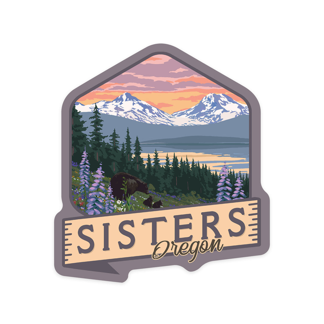 Sisters, Oregon, Bear and Spring Flowers, Contour, Vinyl Sticker