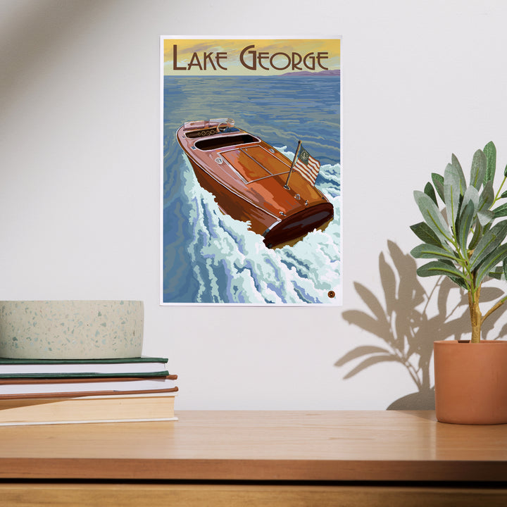 Lake George, New York, Wooden Boat on Lake, Art & Giclee Prints