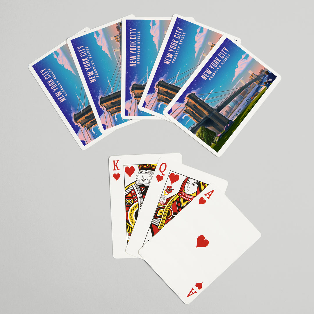 Playing Cards, New York City, New York, Lithograph, Brooklyn Bridge at Dusk, 52 Card Deck with Jokers in Box, Unique Art