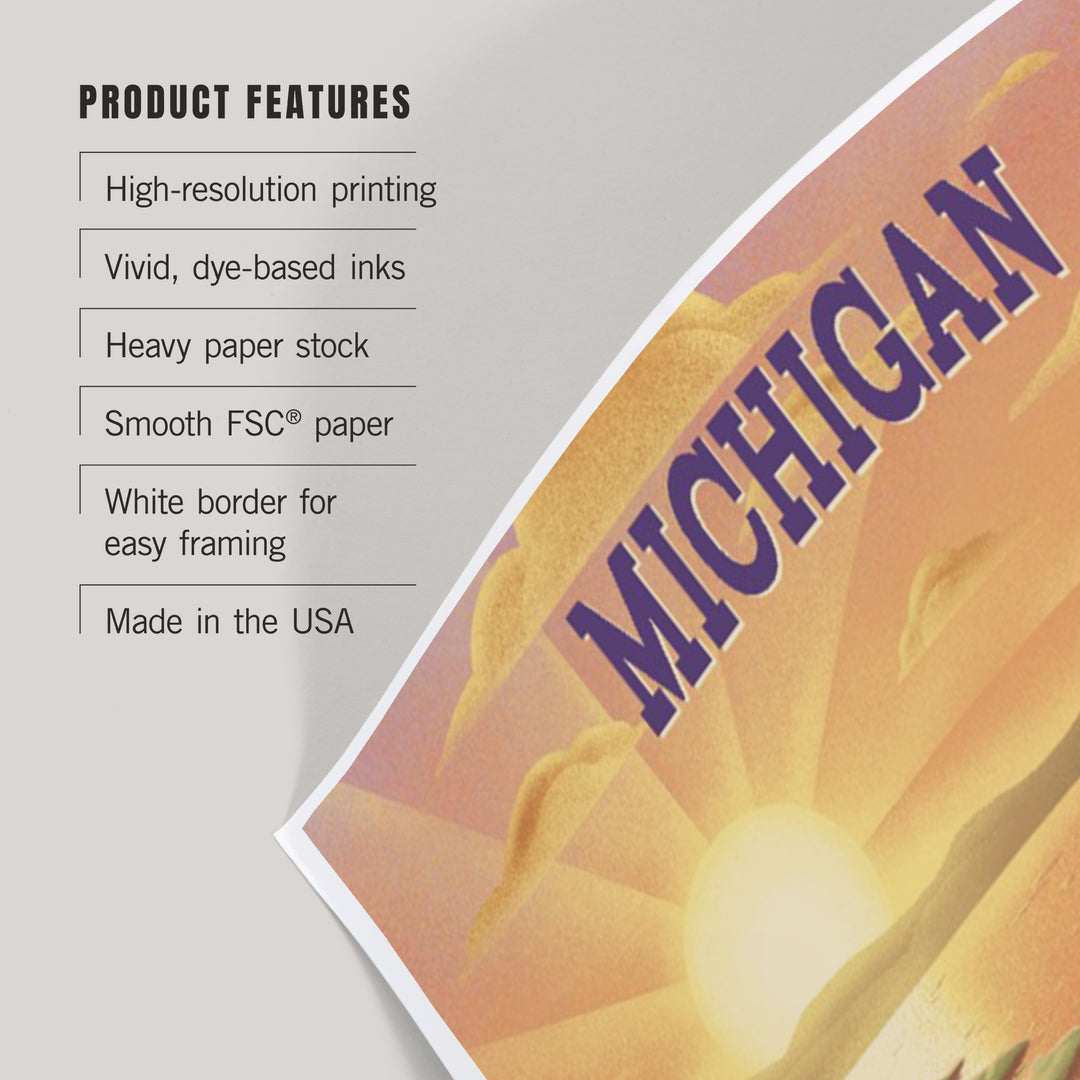 Michigan, Lithograph, Bear and Spring Flowers, Lake, Art & Giclee Prints