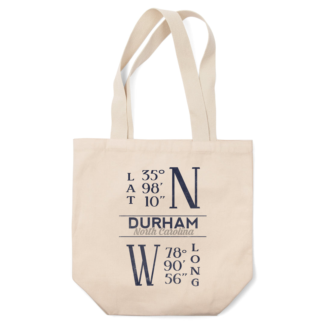 Durham, North Carolina, Latitude & Longitude (Blue), Lantern Press Artwork, Tote Bag