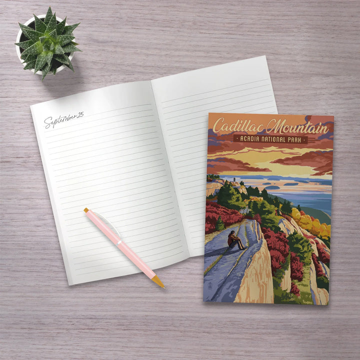 Lined 6x9 Journal, Acadia National Park, Maine, Cadillac Mountain Illustration, Lay Flat, 193 Pages, FSC paper