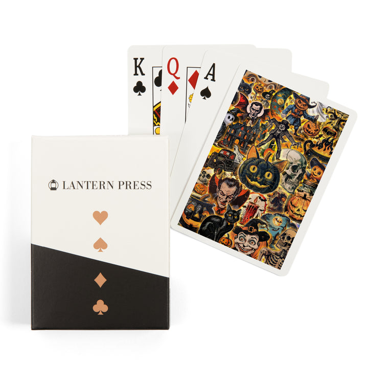 Playing Cards, Vintage Halloween Collage, 52 Card Deck with Jokers in Box, Unique Art
