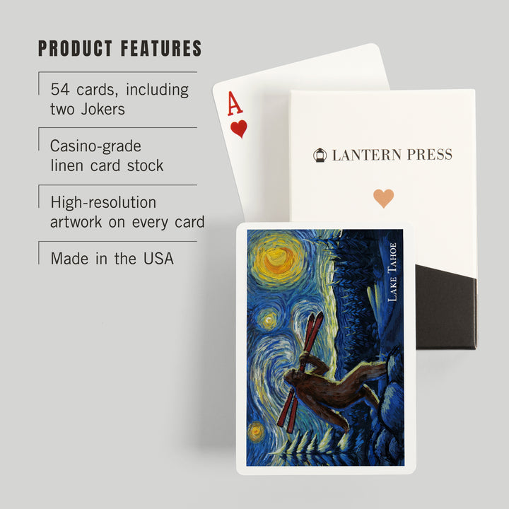 Playing Cards, Lake Tahoe, California, Starry Night, Winter Bigfoot with Skis, 52 Card Deck with Jokers in Box, Unique Art