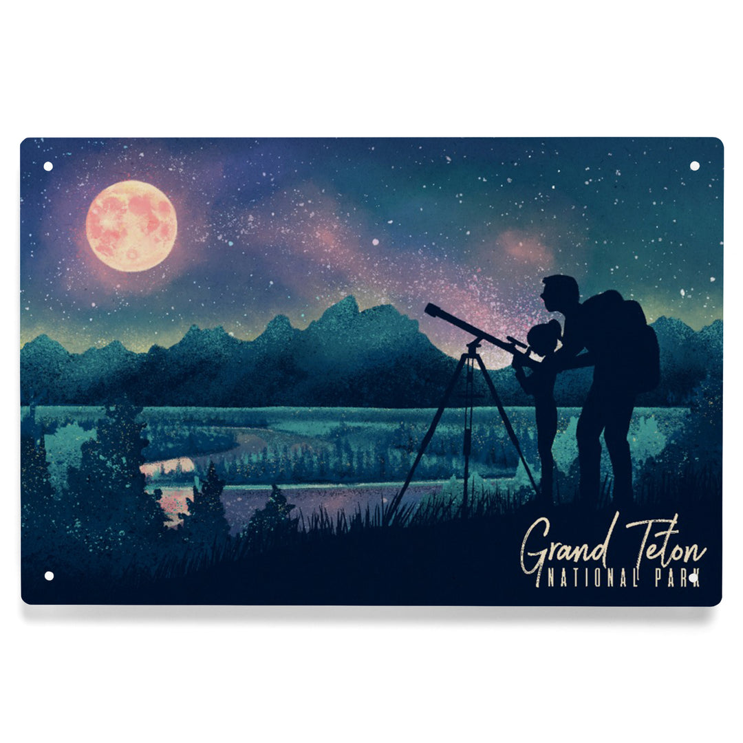 Grand Teton National Park, Wyoming, Night Sky Viewing, Textured Watercolor, Metal Signs