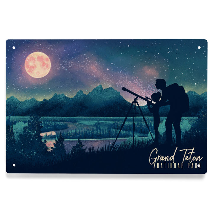 Grand Teton National Park, Wyoming, Night Sky Viewing, Textured Watercolor, Metal Signs
