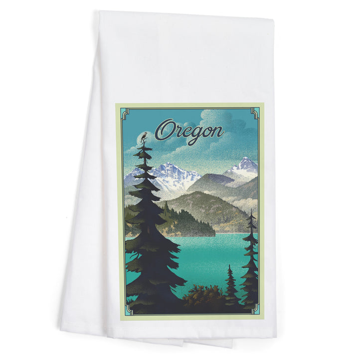 Oregon Lake and Mountains, Lithograph, Organic Cotton Kitchen Tea Towels