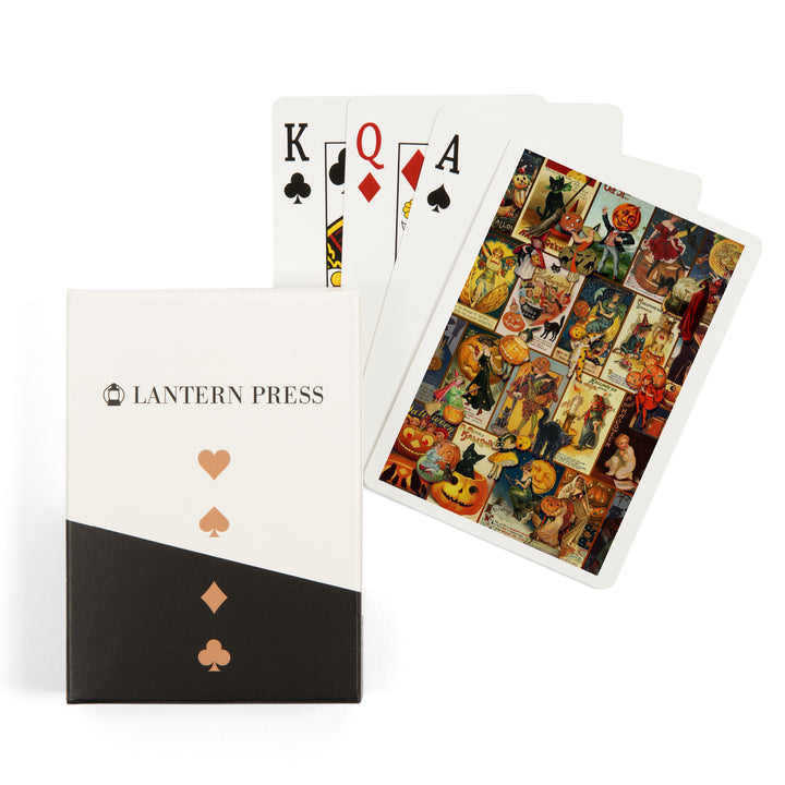 Playing Cards, Vintage Halloween Postcard Collage, 52 Card Deck with Jokers in Box, Unique Art
