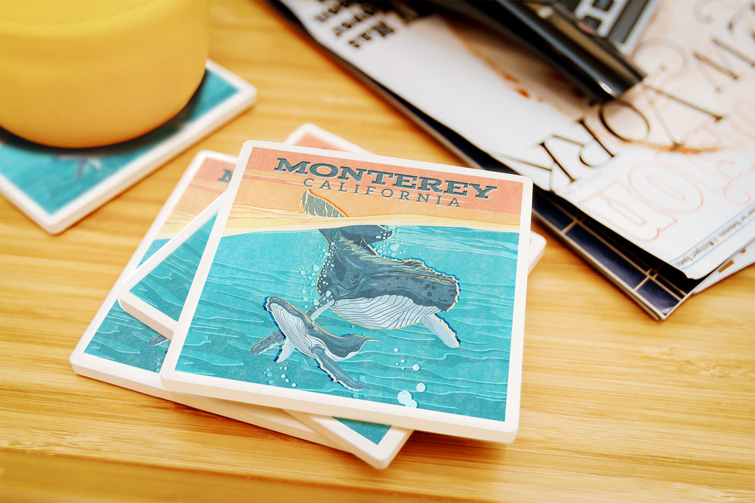Monterey, California, Vintage Press, Humpback Whale, Coaster Set
