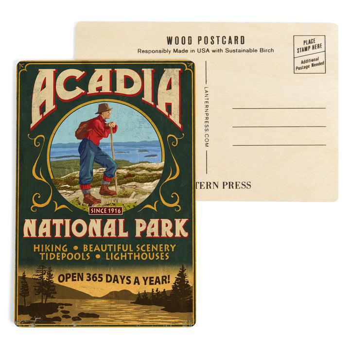 Acadia National Park, Maine, Vintage Hiker Sign, Wood Sign and Postcards