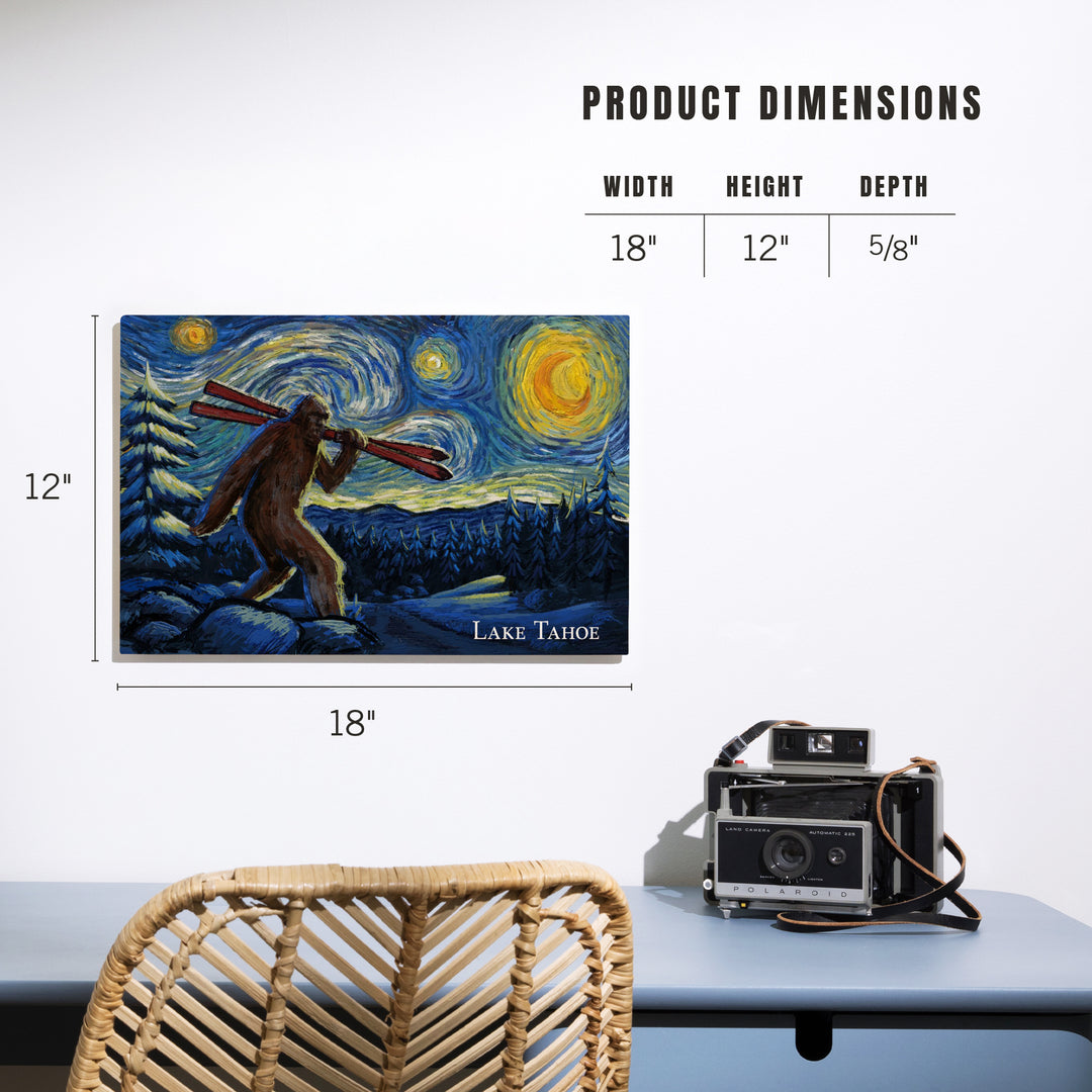 Lake Tahoe, California, Starry Night, Winter Bigfoot with Skis, Wood Signs and Postcards