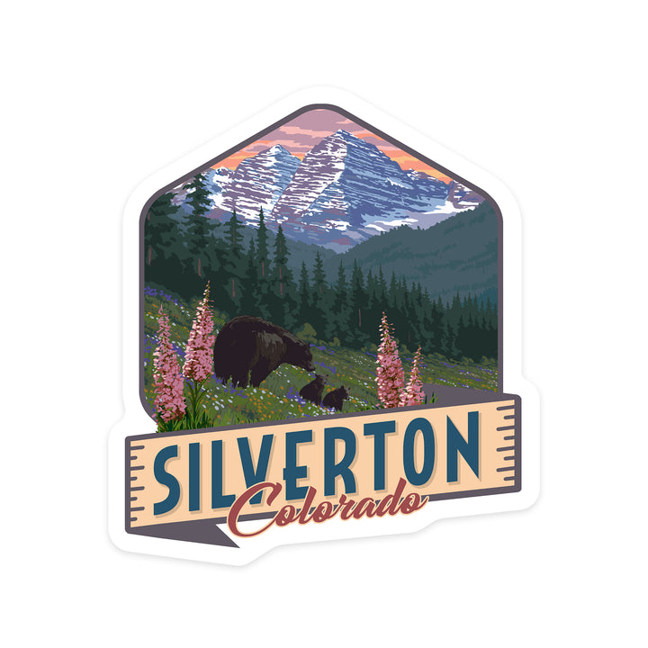 Silverton, Colorado, Bear & Spring Flowers, Contour, Lantern Press Artwork, Vinyl Sticker