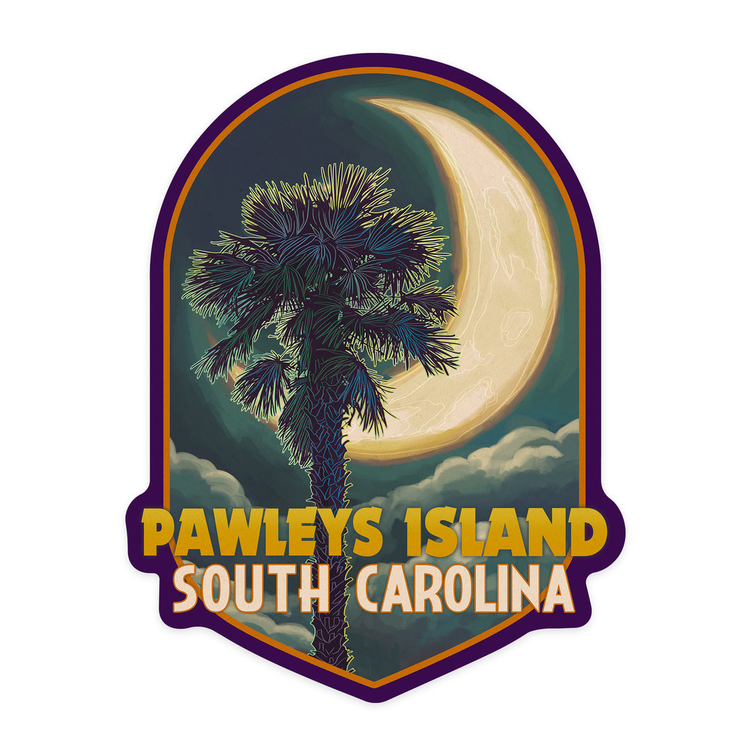 Pawleys Island, South Carolina, Palmetto Palm and Moon, Contour, Vinyl Sticker