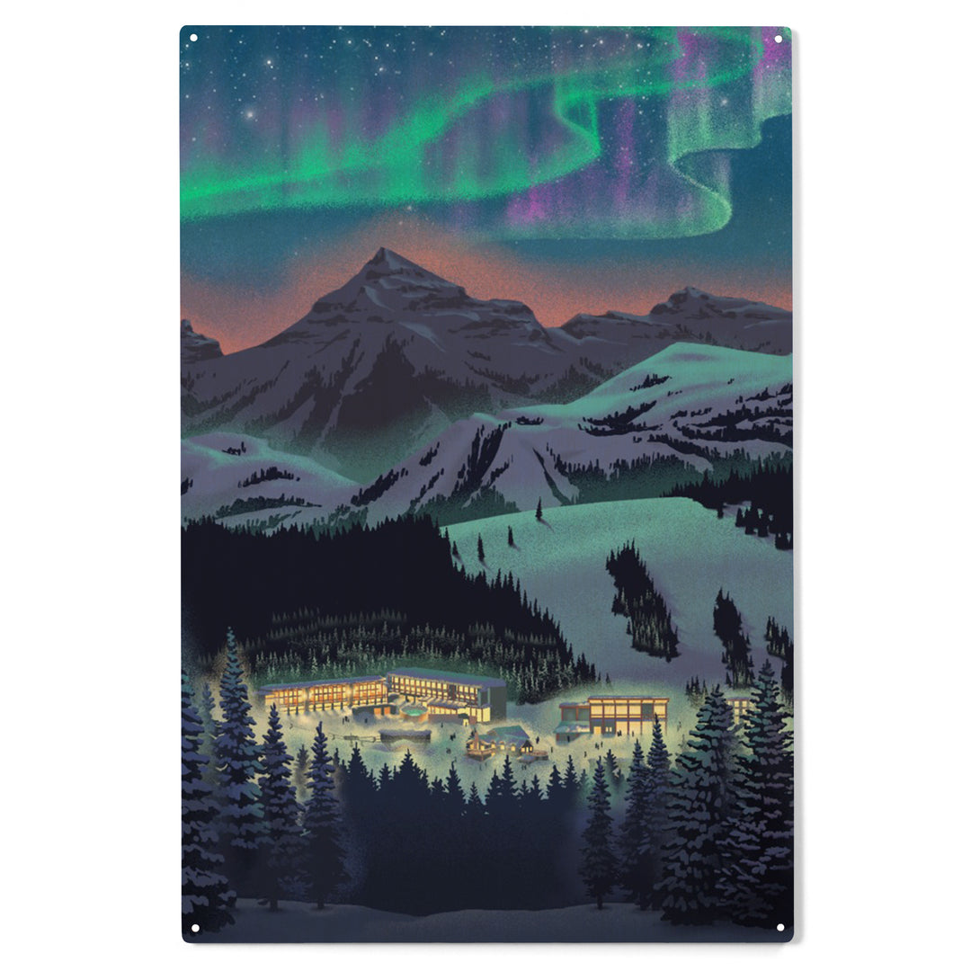 Lithograph, Village under Northern Lights, Wood Sign and Postcards
