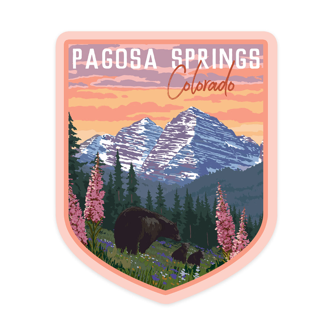 Pagosa Springs, Colorado, Bears and Spring Flowers, Contour, Vinyl Sticker