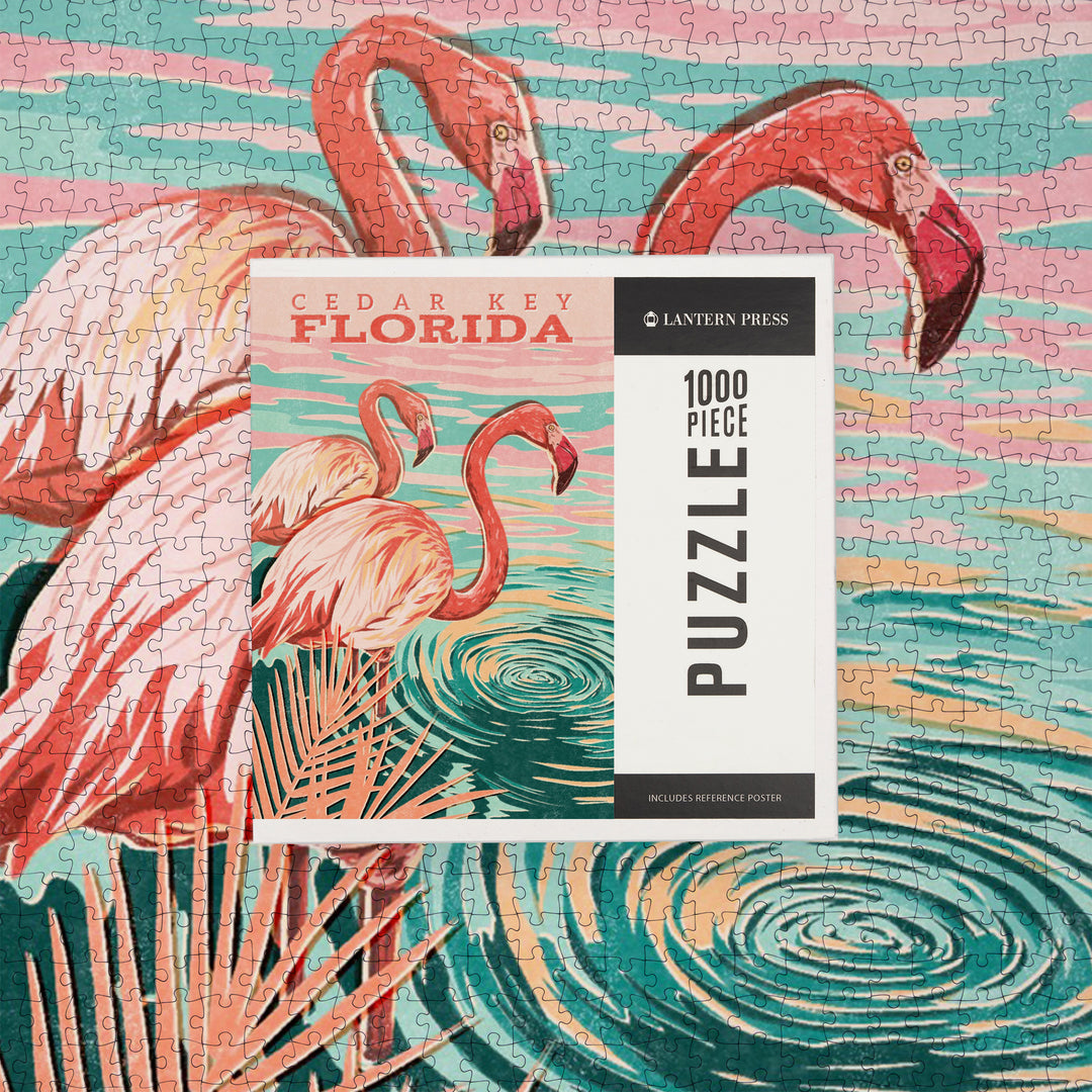 Cedar Key, Florida, Flamingos By Water, Jigsaw Puzzle