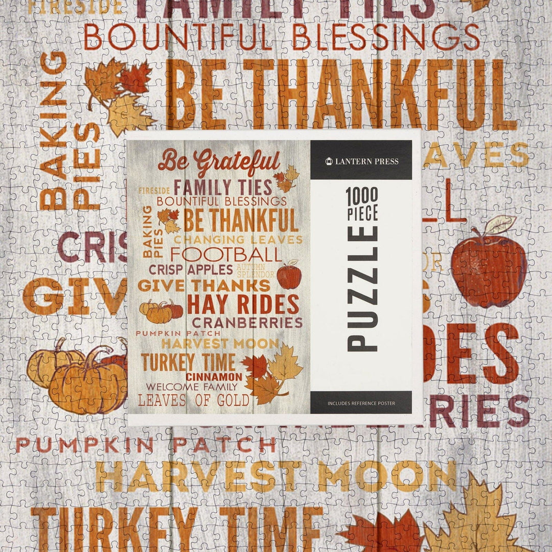 Be Grateful, Rustic Thanksgiving Typography, Jigsaw Puzzle Puzzle Lantern Press 