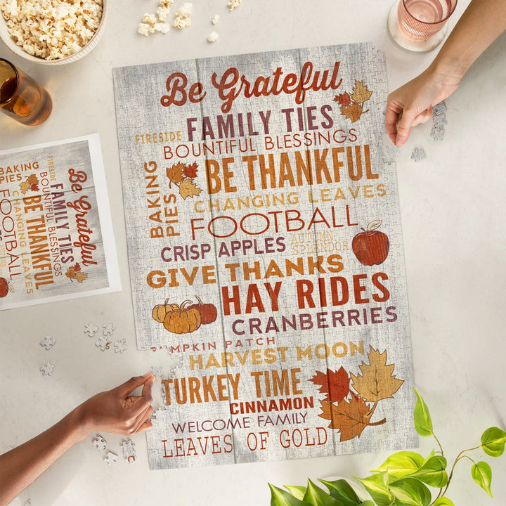 Be Grateful, Rustic Thanksgiving Typography, Jigsaw Puzzle Puzzle Lantern Press 