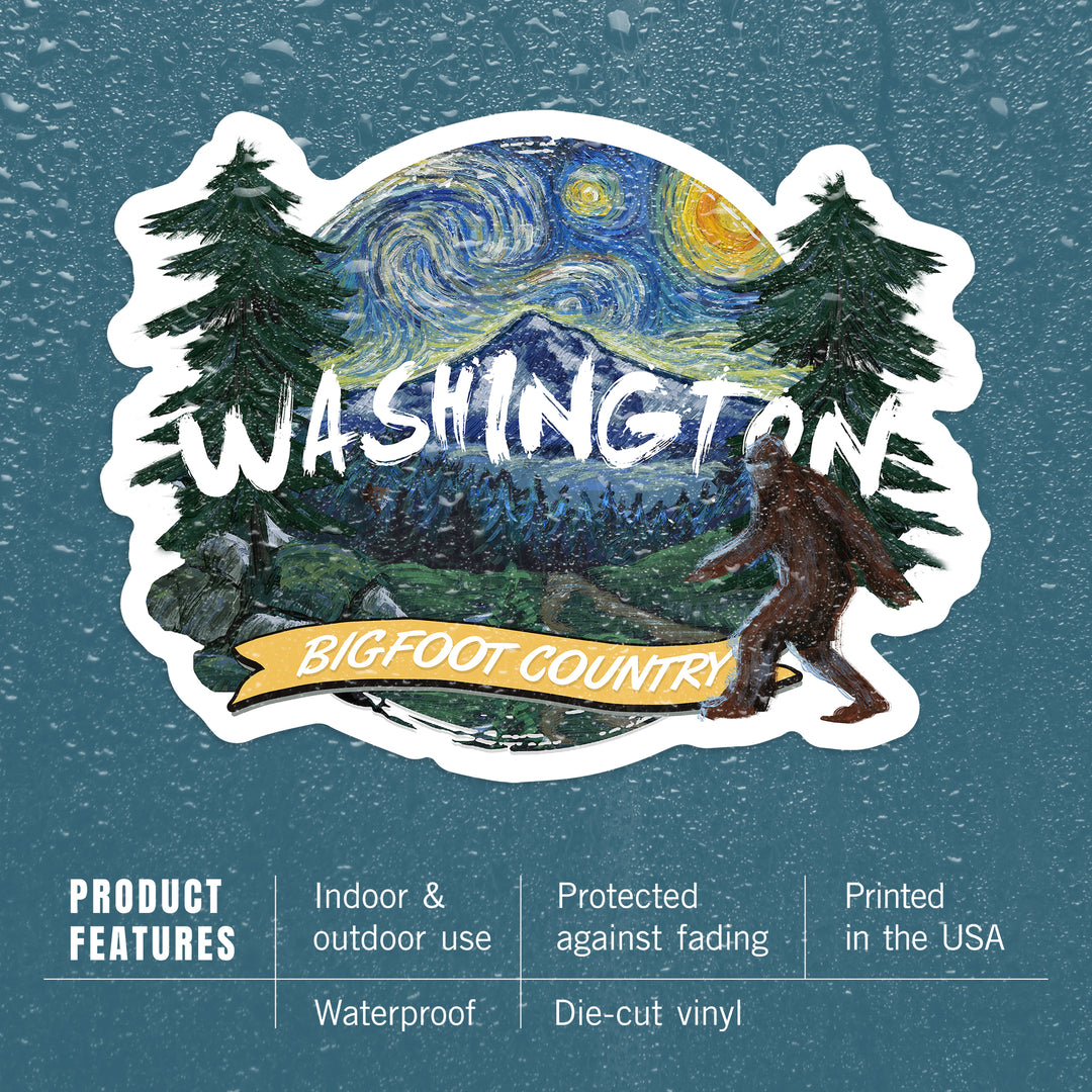Washington, Bigfoot Country, Starry Night, Contour, Lantern Press Artwork, Vinyl Sticker