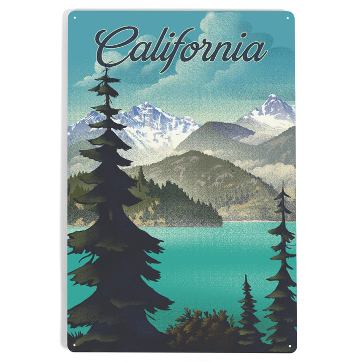 California, Lithograph, Lake and Mountains Scene, Metal Signs - Lantern Press