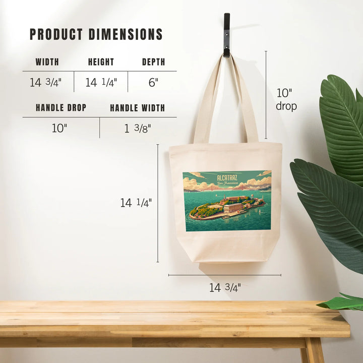 San Francisco, California, Alcatraz with Golden Gate Bridge, Painterly, Tote Bag