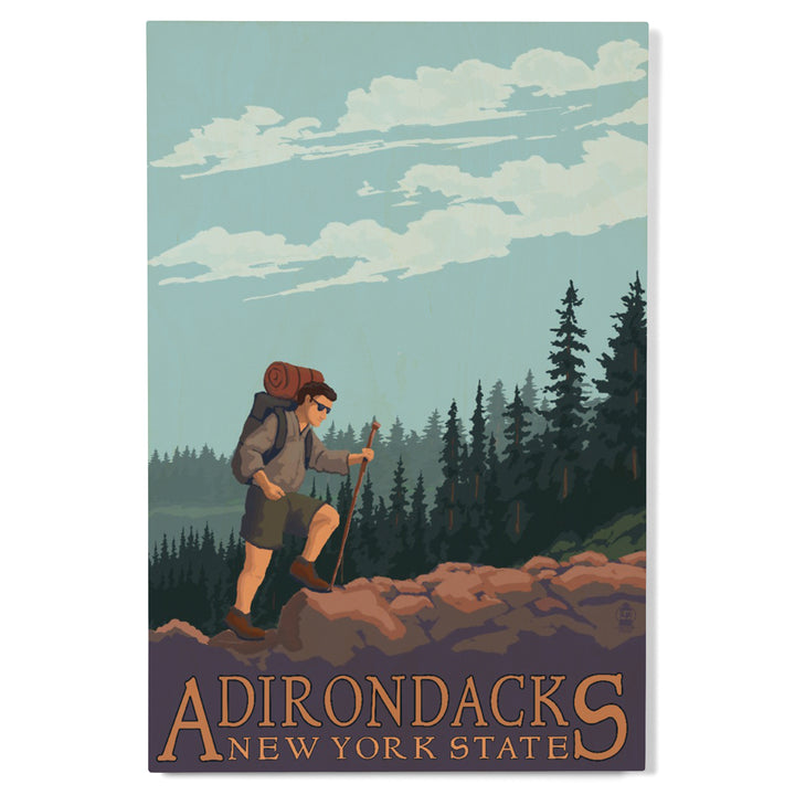 Adirondacks, New York, Hiker on Mountain, Lantern Press Artwork, Wood Signs and Postcards