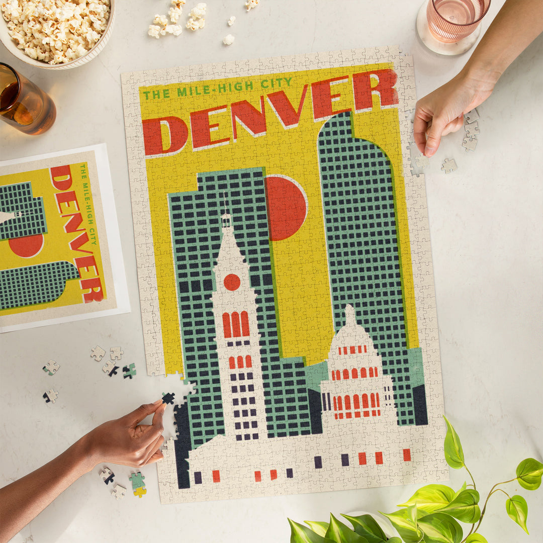 Denver, Colorado, Woodblock City Series, Skyline, 1000 Piece Jigsaw Puzzle