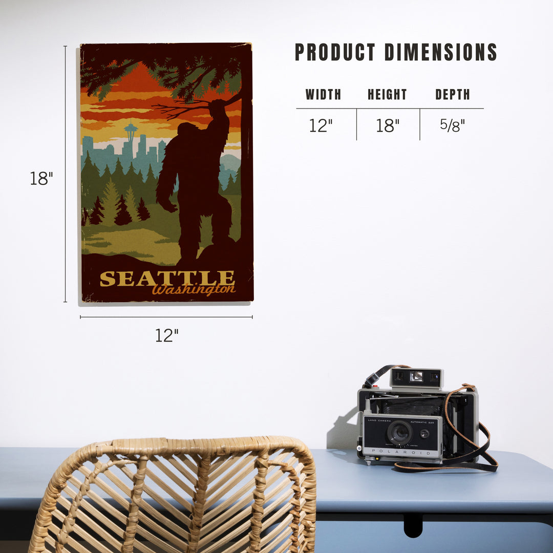 Seattle Skyline, Bigfoot, WPA Style, Lantern Press Artwork, Wood Signs and Postcards