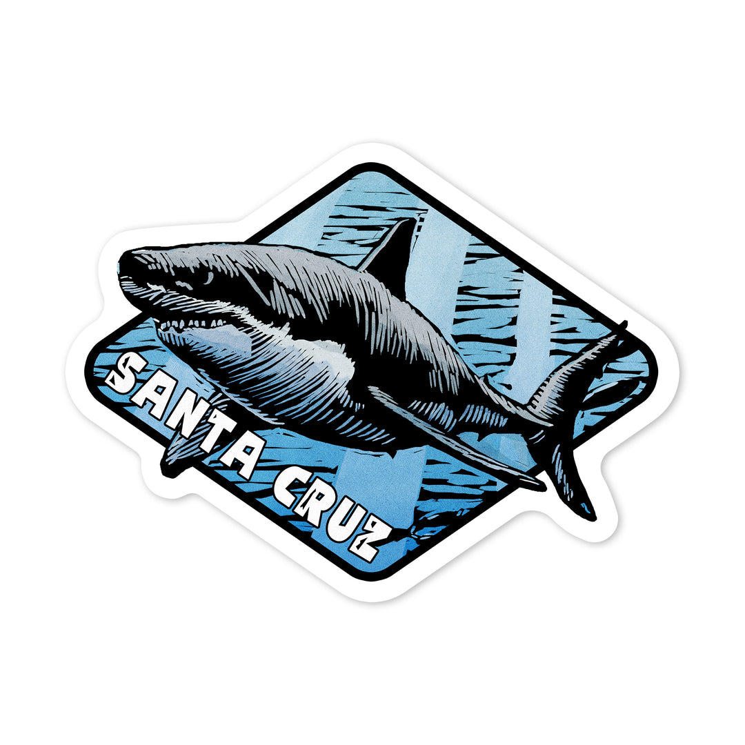 Santa Cruz, California, Great White Shark, Scratchboard, Contour, Lantern Press Artwork, Vinyl Sticker