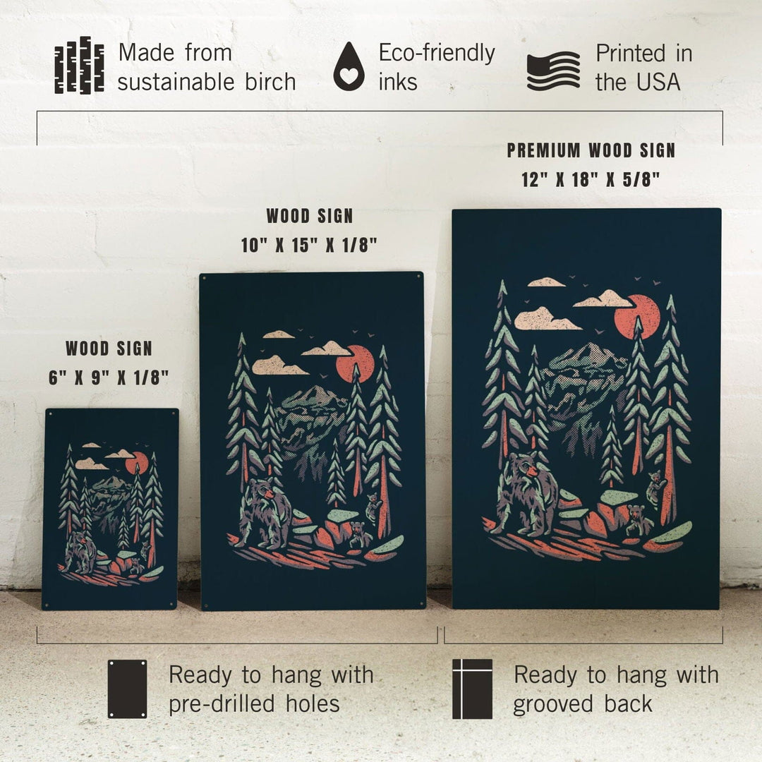 Bear Family, Distressed Vector, Lantern Press Artwork, Wood Signs and Postcards Wood Lantern Press 