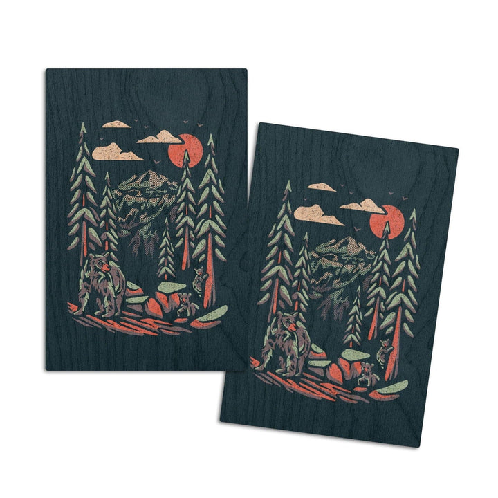 Bear Family, Distressed Vector, Lantern Press Artwork, Wood Signs and Postcards Wood Lantern Press 4x6 Wood Postcard Set 