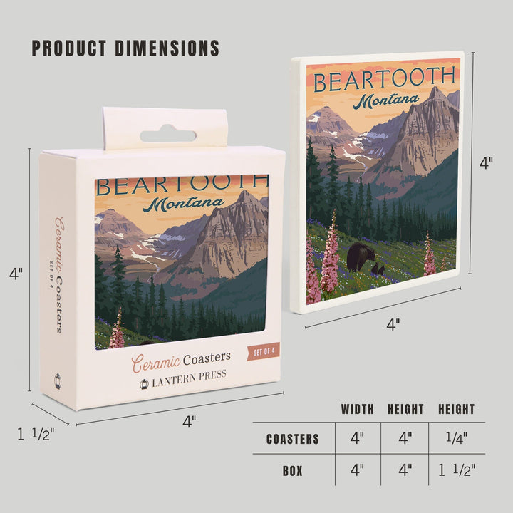 Beartooth, Montana, Painterly, Bear and Spring Flowers, Coasters Coasters Lantern Press 