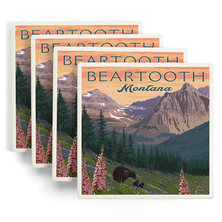 Beartooth, Montana, Painterly, Bear and Spring Flowers, Coasters Coasters Lantern Press 