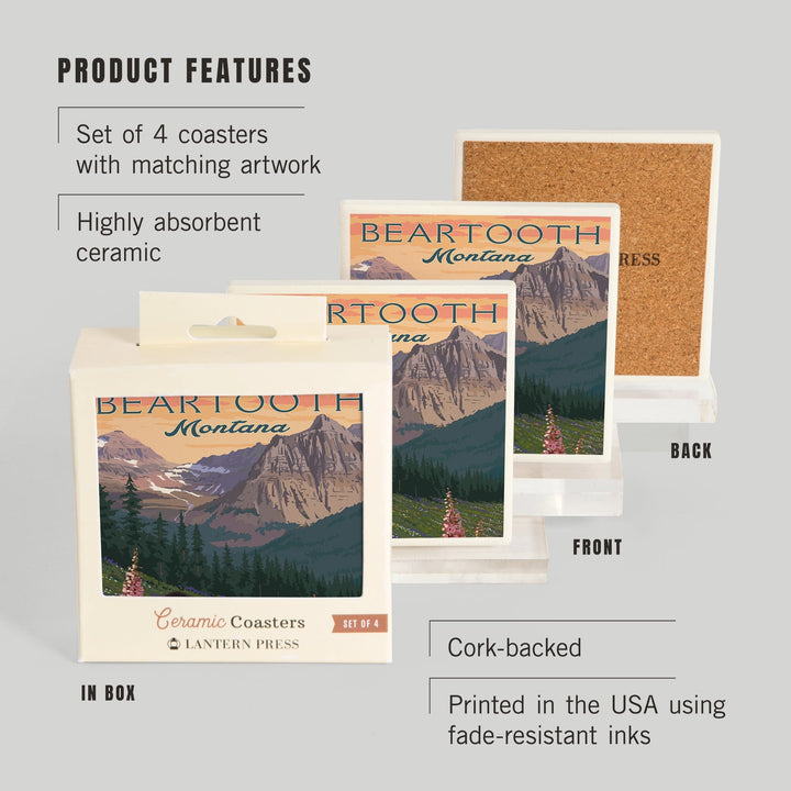Beartooth, Montana, Painterly, Bear and Spring Flowers, Coasters Coasters Lantern Press 