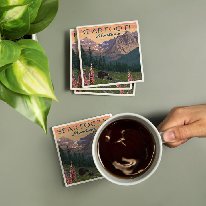 Beartooth, Montana, Painterly, Bear and Spring Flowers, Coasters Coasters Lantern Press 